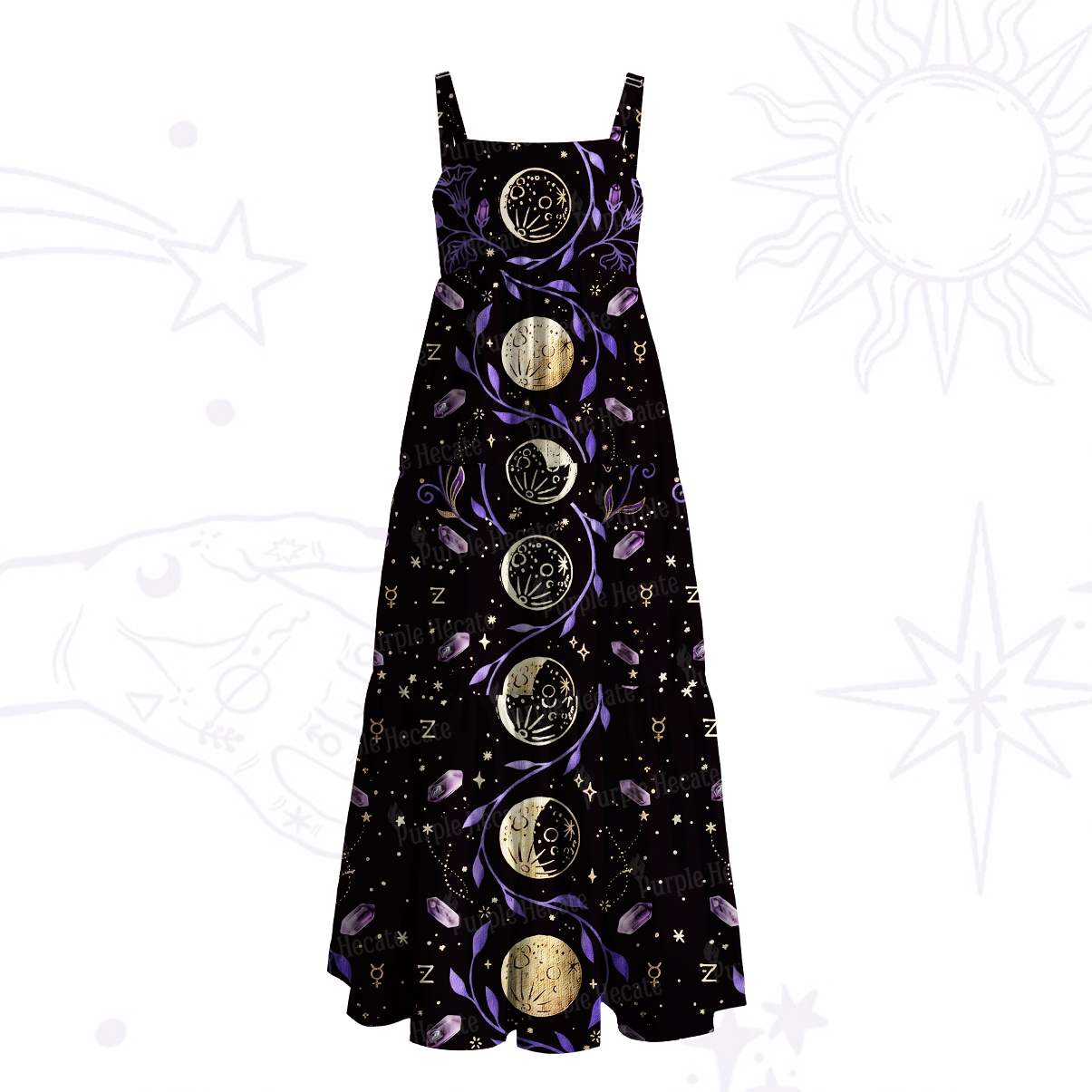Purplehecate Starry Moon Cycle Mystic Wide Straps Maxi Dress
