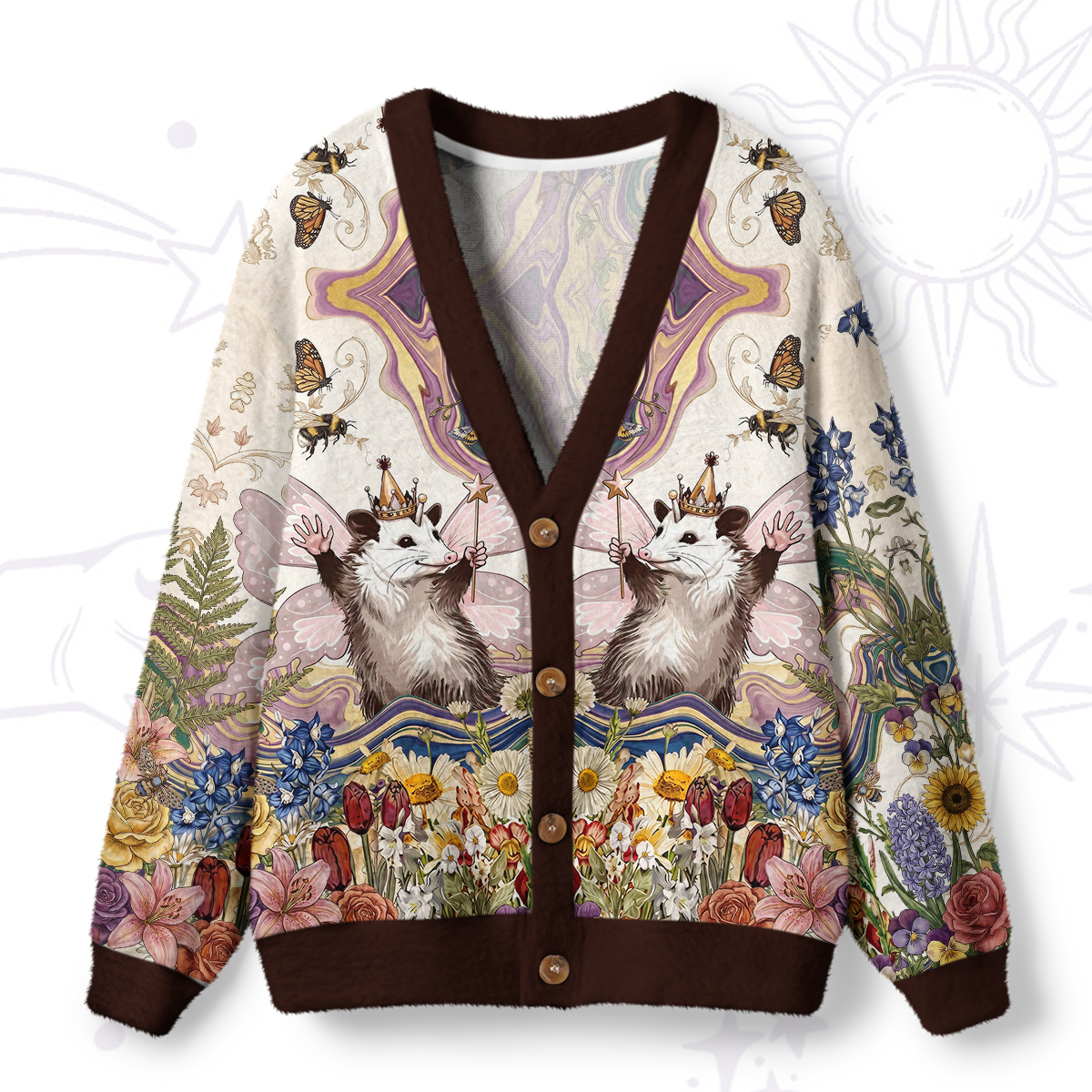 Purplehecate Enchanted Woodland Fairy Possum Ugly Cardigan Sweaters