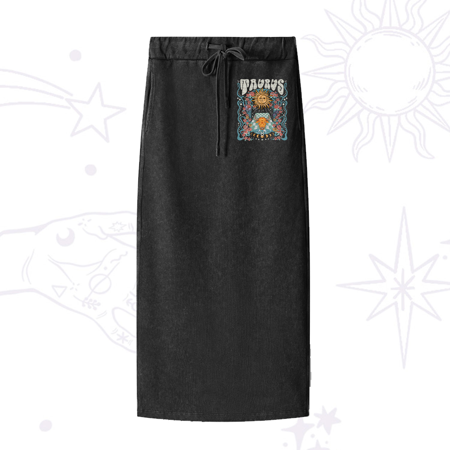 Purplehecate Taurus Spirit Zodiac Washed Drawstring Long Skirt