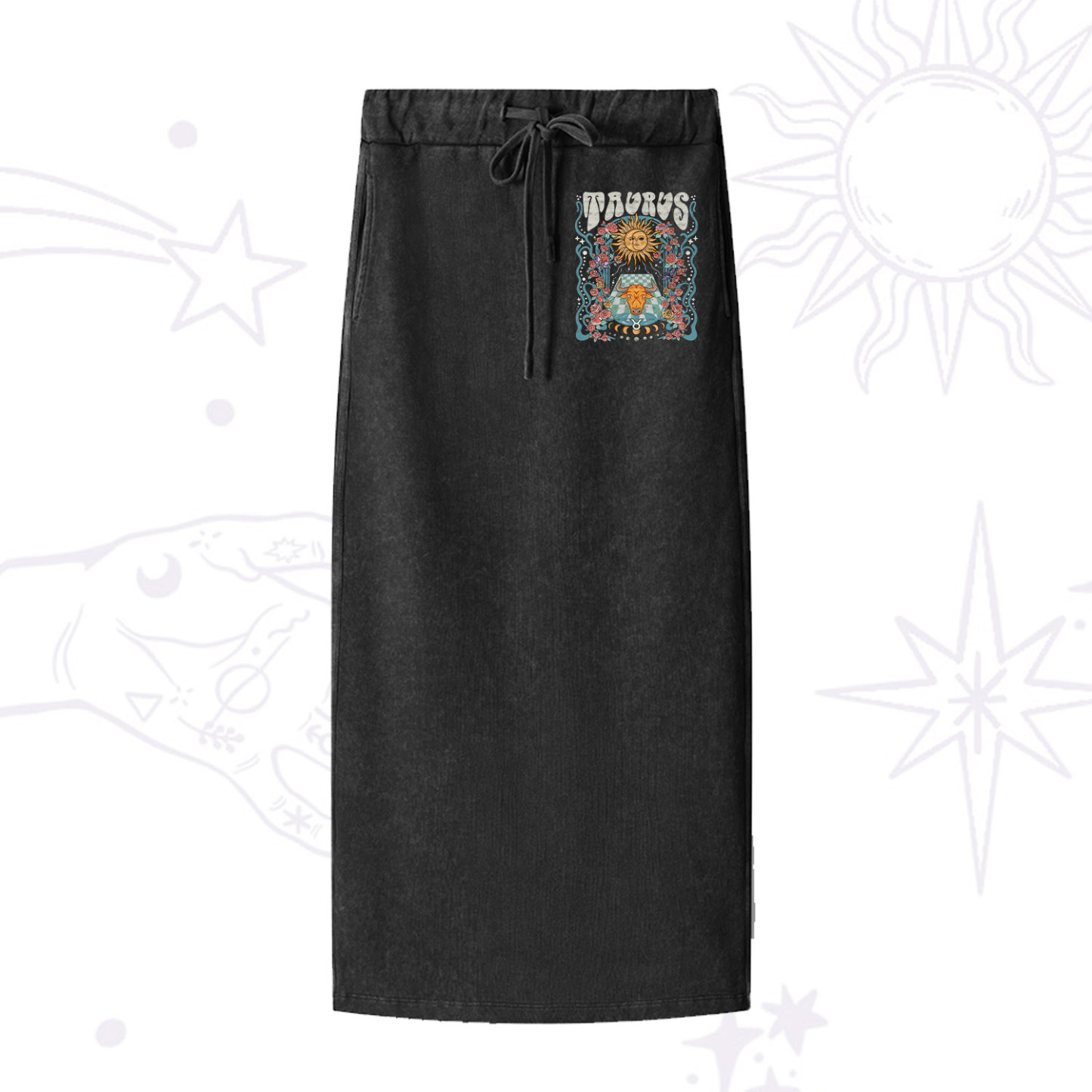 Purplehecate Taurus Spirit Zodiac Washed Drawstring Long Skirt