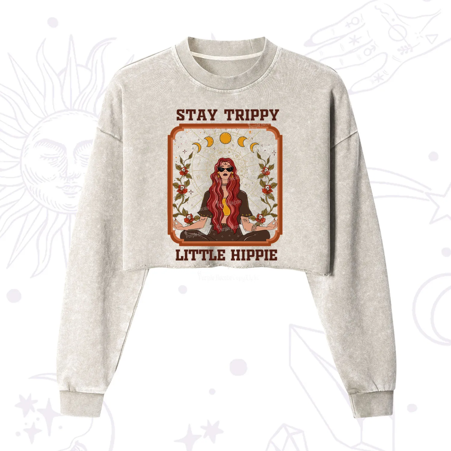 Purplehecate Stay Trippy Little Witchy Hippie Cropped Washed Sweatshirt