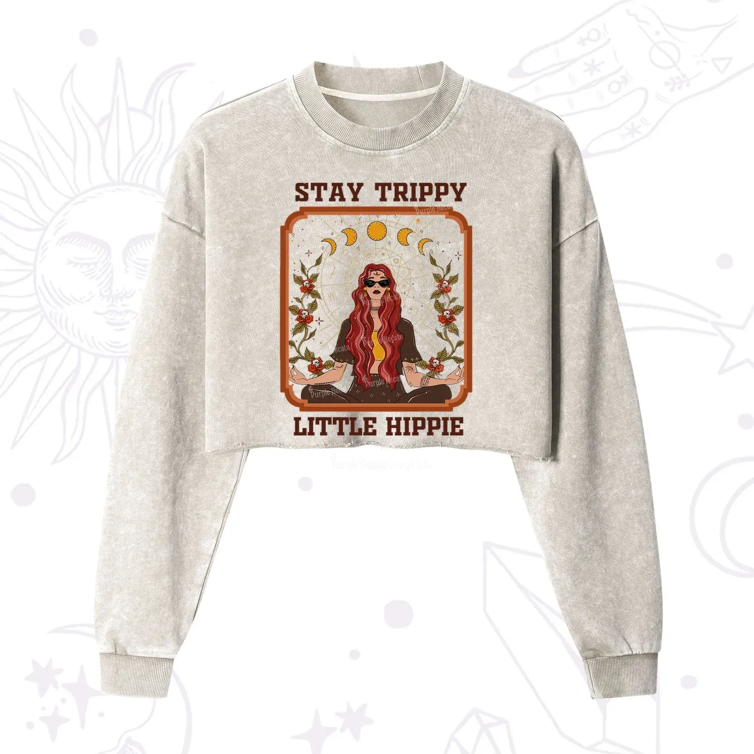 Purplehecate Stay Trippy Little Witchy Hippie Cropped Washed Sweatshirt