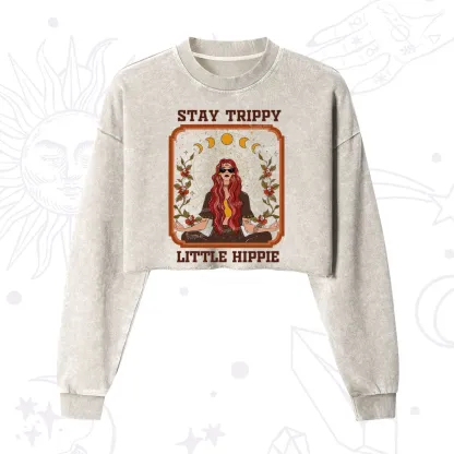 Purplehecate Stay Trippy Little Witchy Hippie Cropped Washed Sweatshirt