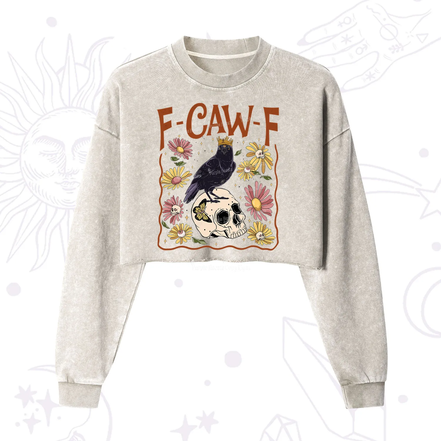 Purplehecate Funny F-Caw-F Crow Cropped Washed Sweatshirt