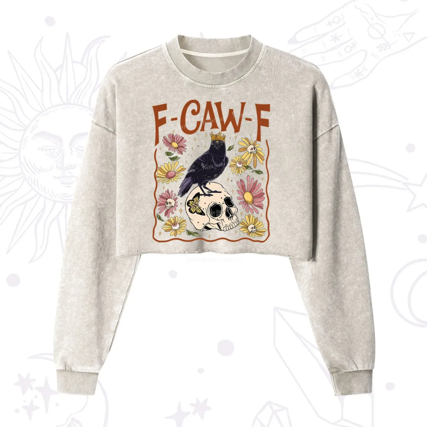 Purplehecate Funny F-Caw-F Crow Cropped Washed Sweatshirt