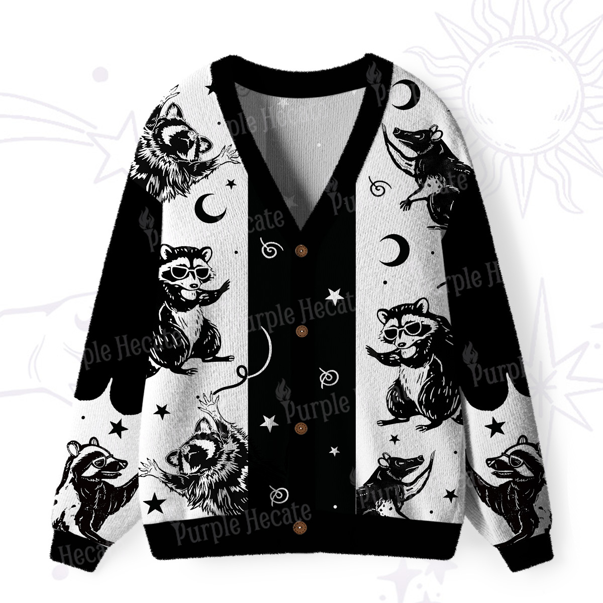 Purplehecate Galactic Raccoon Club Ugly Cardigan Sweaters