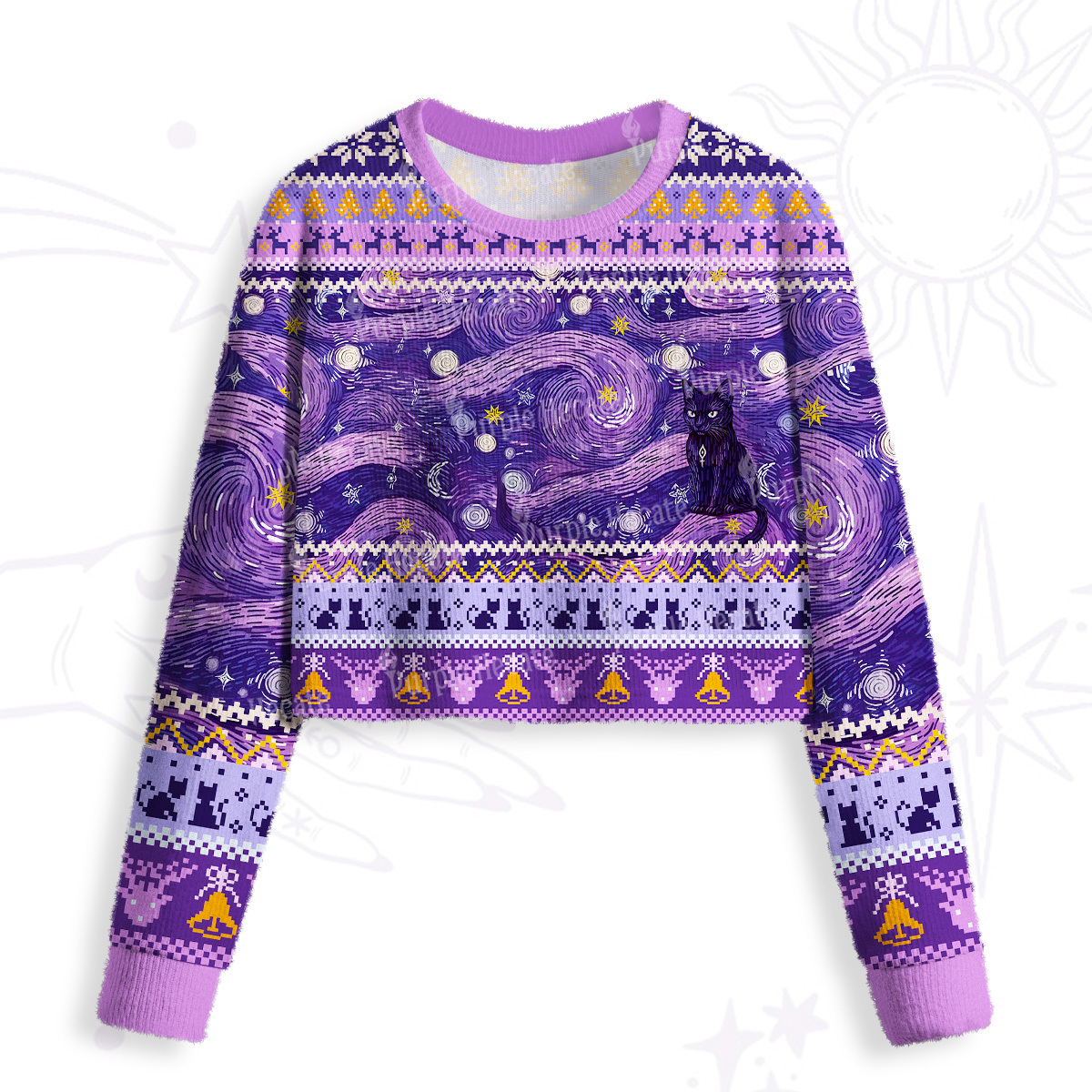 Purplehecate Mystic Cat Beneath the Cosmic Veil Cropped Fuzzy Ugly Sweatshirt
