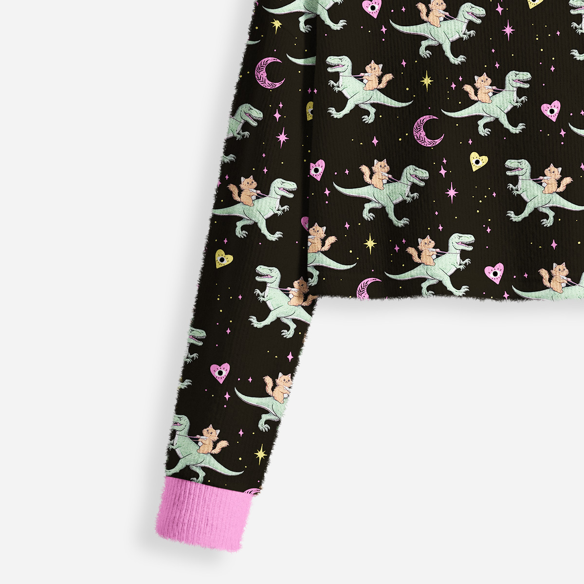 Purplehecate Witch Cat Rides the Dino Crop Fuzzy Ugly Sweatshirt