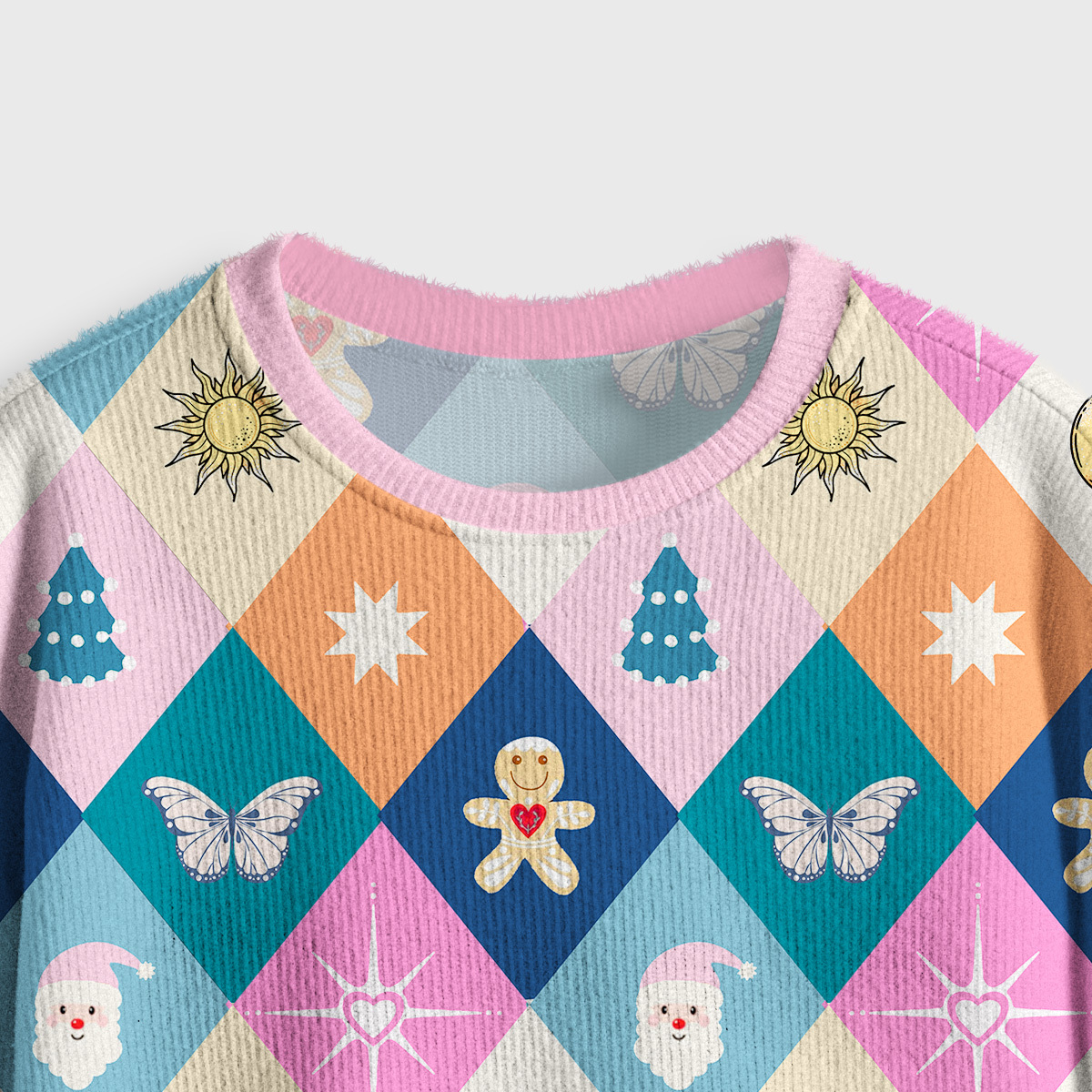 Purplehecate Whimsical Holiday Patchwork Crop Fuzzy Ugly Sweatshirt