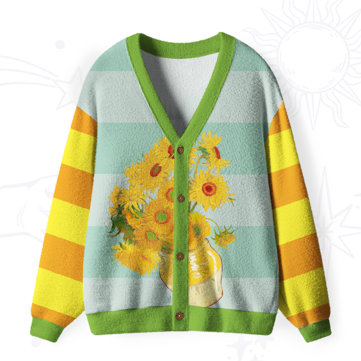 Purplehecate Golden Sunburst Bouquet Ugly Cardigan Sweaters