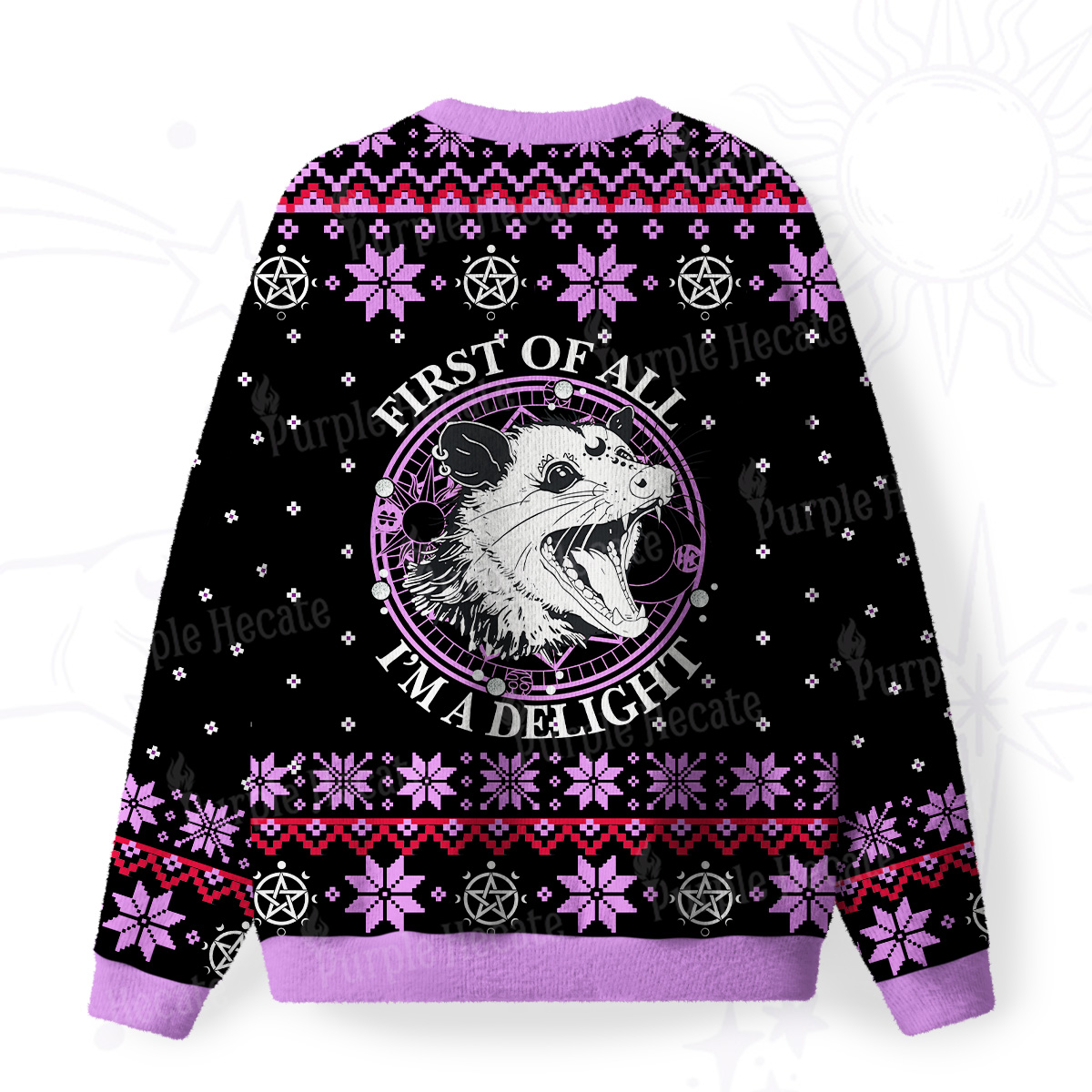 Purplehecate First Of All I'm A Delightful Opossum Fuzzy Ugly Christmas Sweatshirt