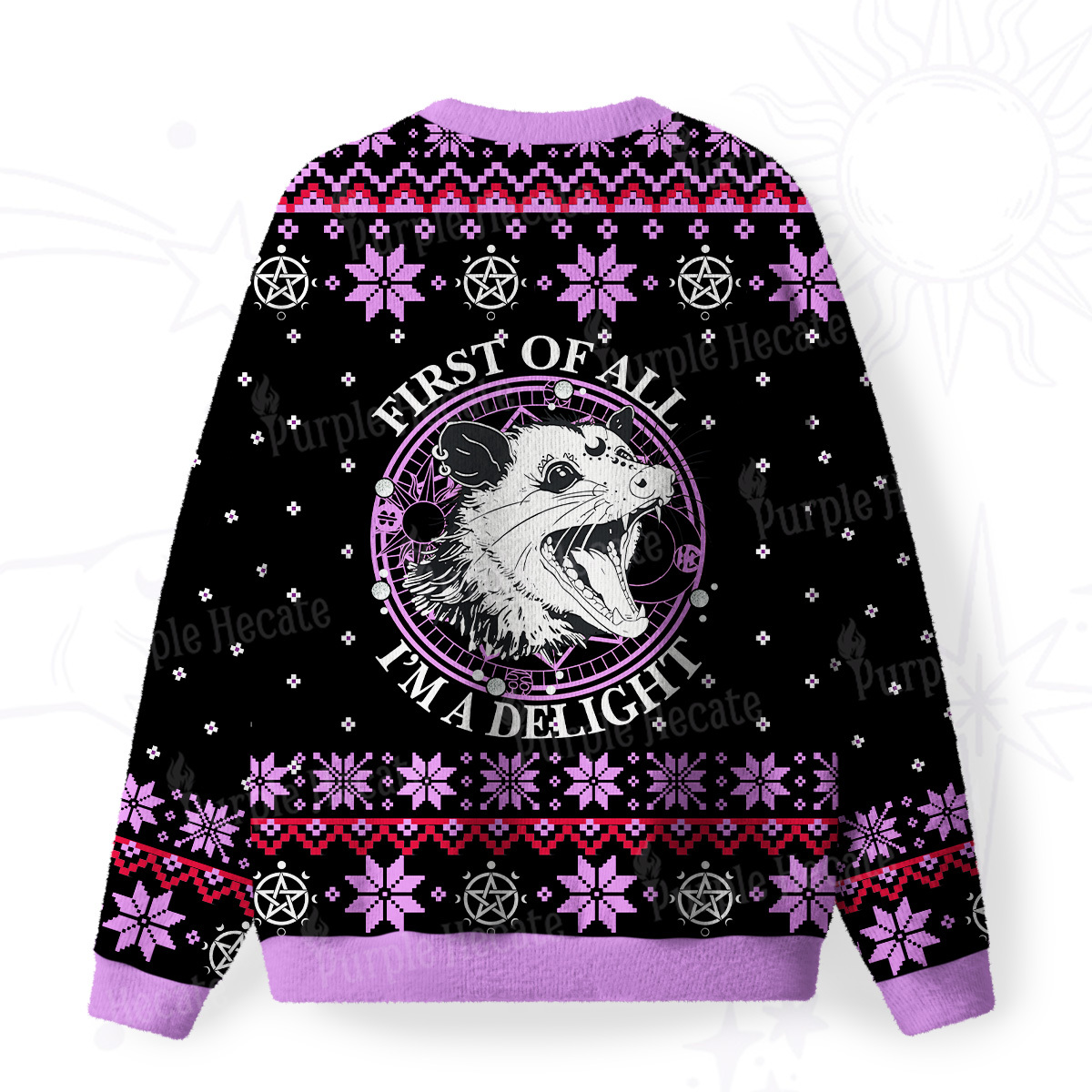 Purplehecate First Of All I'm A Delightful Opossum Fuzzy Ugly Christmas Sweatshirt