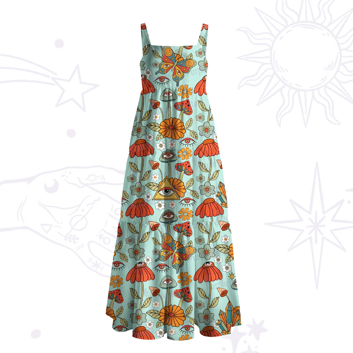 Purplehecate Mystic Evil Eye Floral Mushroom Wide Straps Maxi Dress