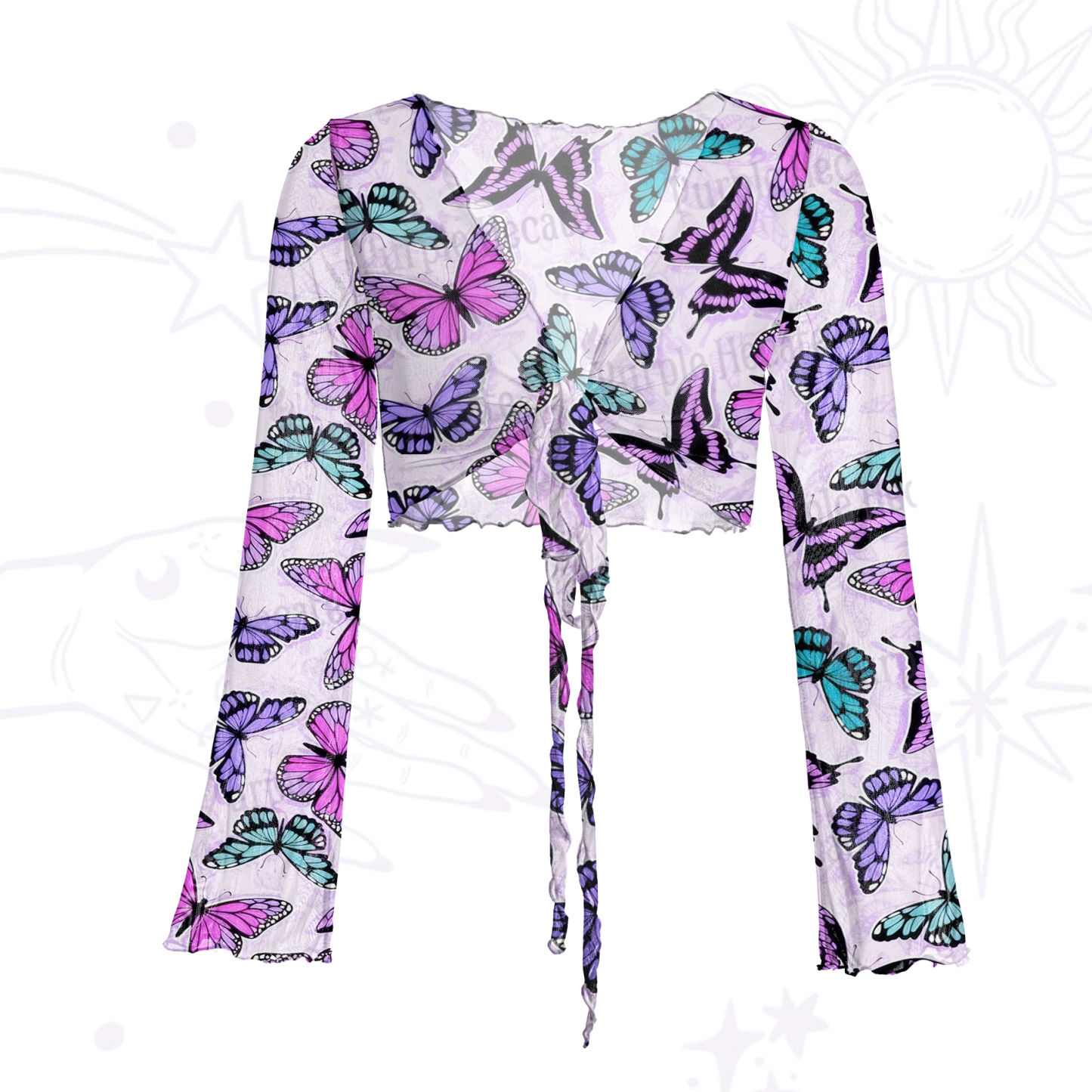 Purplehecate Whimsical Butterfly Mesh Tie Front Top