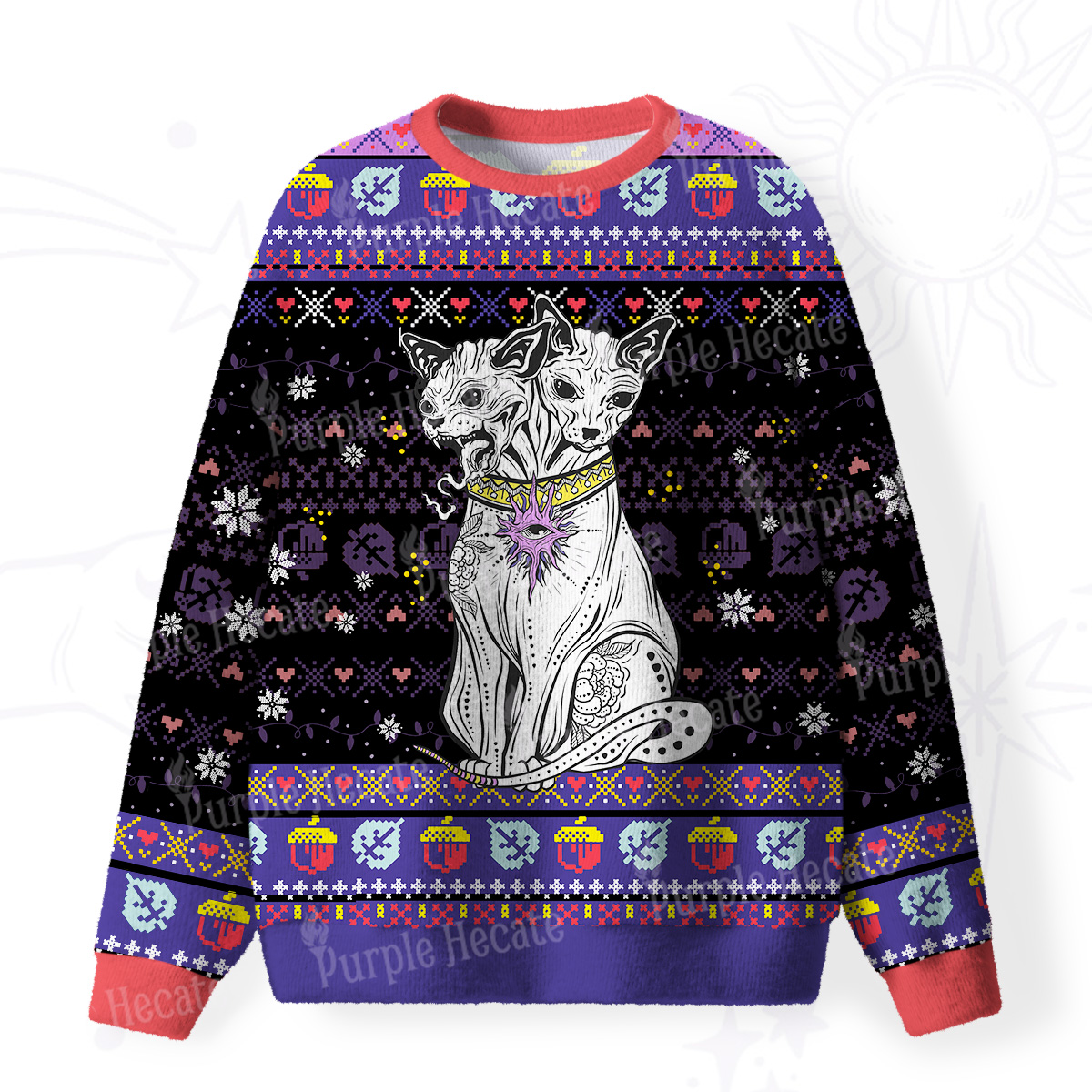 Purplehecate The Cat Goddess Bastet Fuzzy Ugly Christmas Sweatshirt