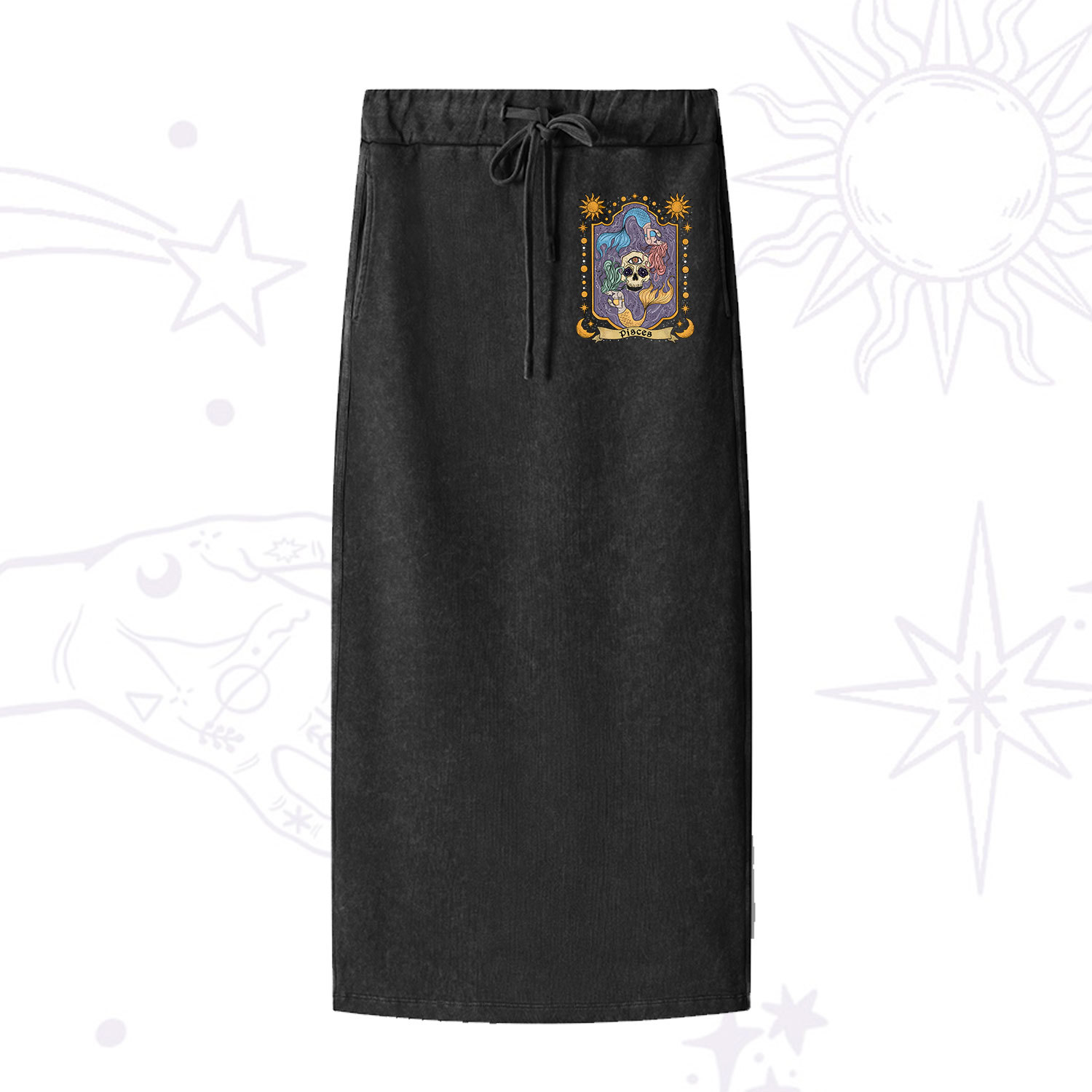 Purplehecate Pisces Zodiac Washed Drawstring Long Skirt