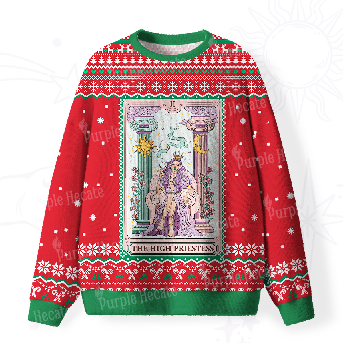 Purplehecate The High Priestess Tarot Card Fuzzy Ugly Christmas Sweatshirt