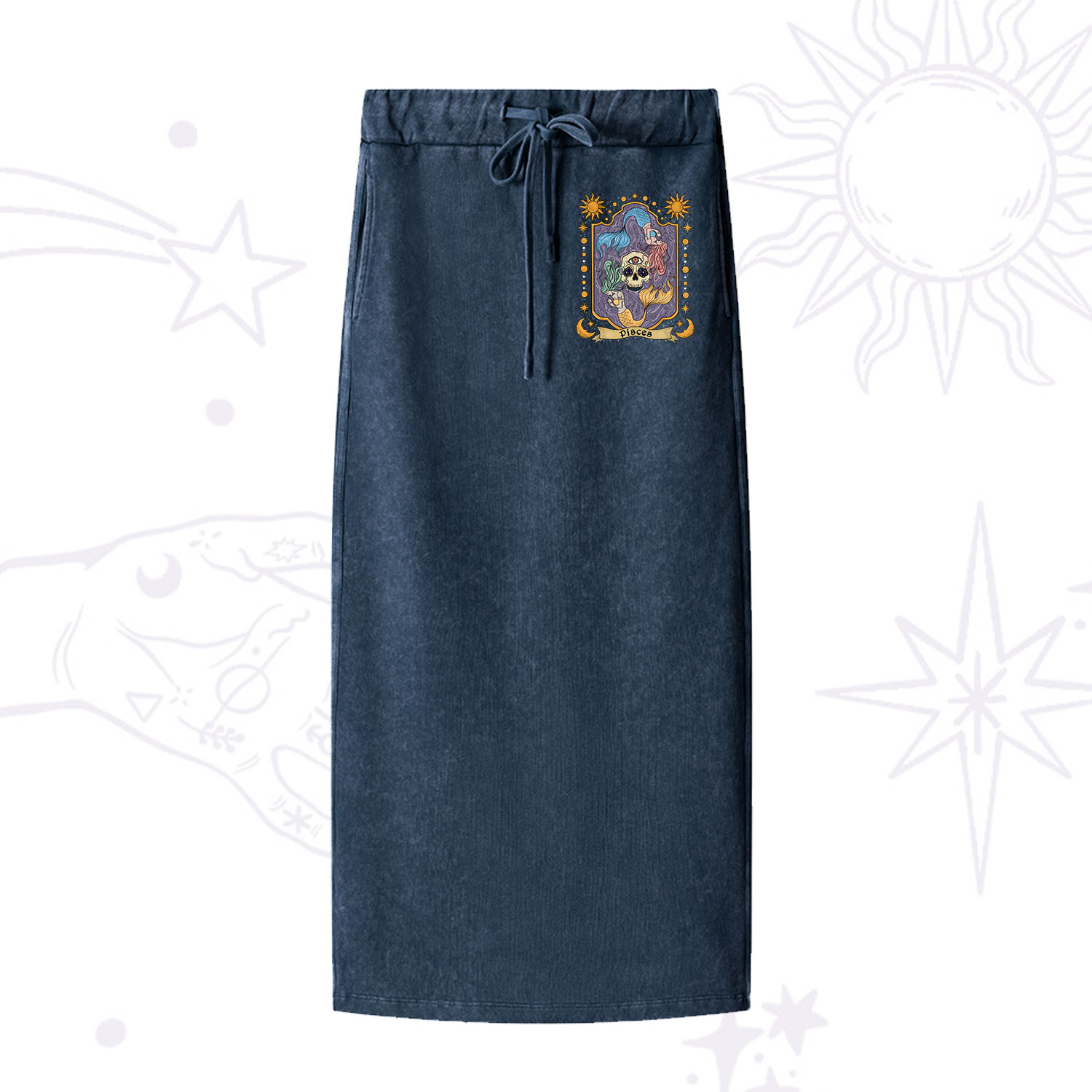 Purplehecate Pisces Zodiac Washed Drawstring Long Skirt