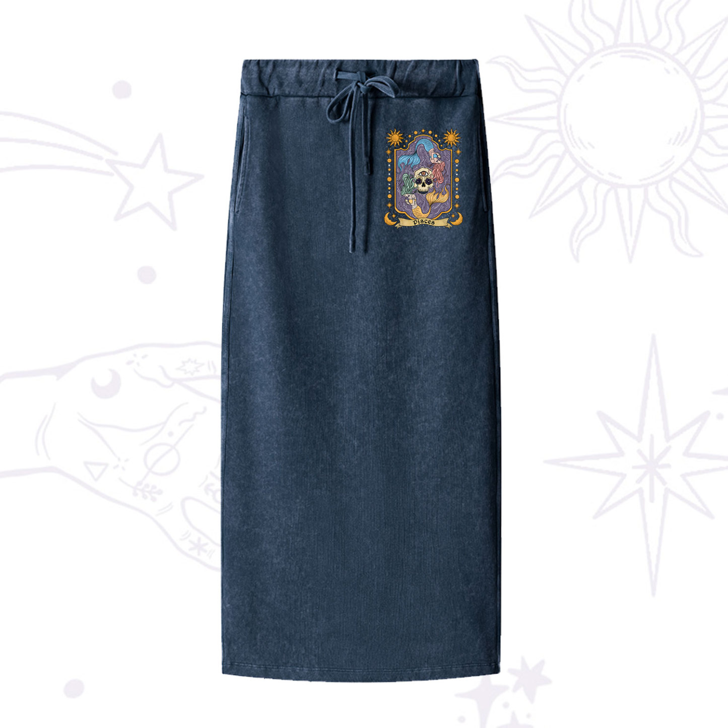 Purplehecate Pisces Zodiac Washed Drawstring Long Skirt