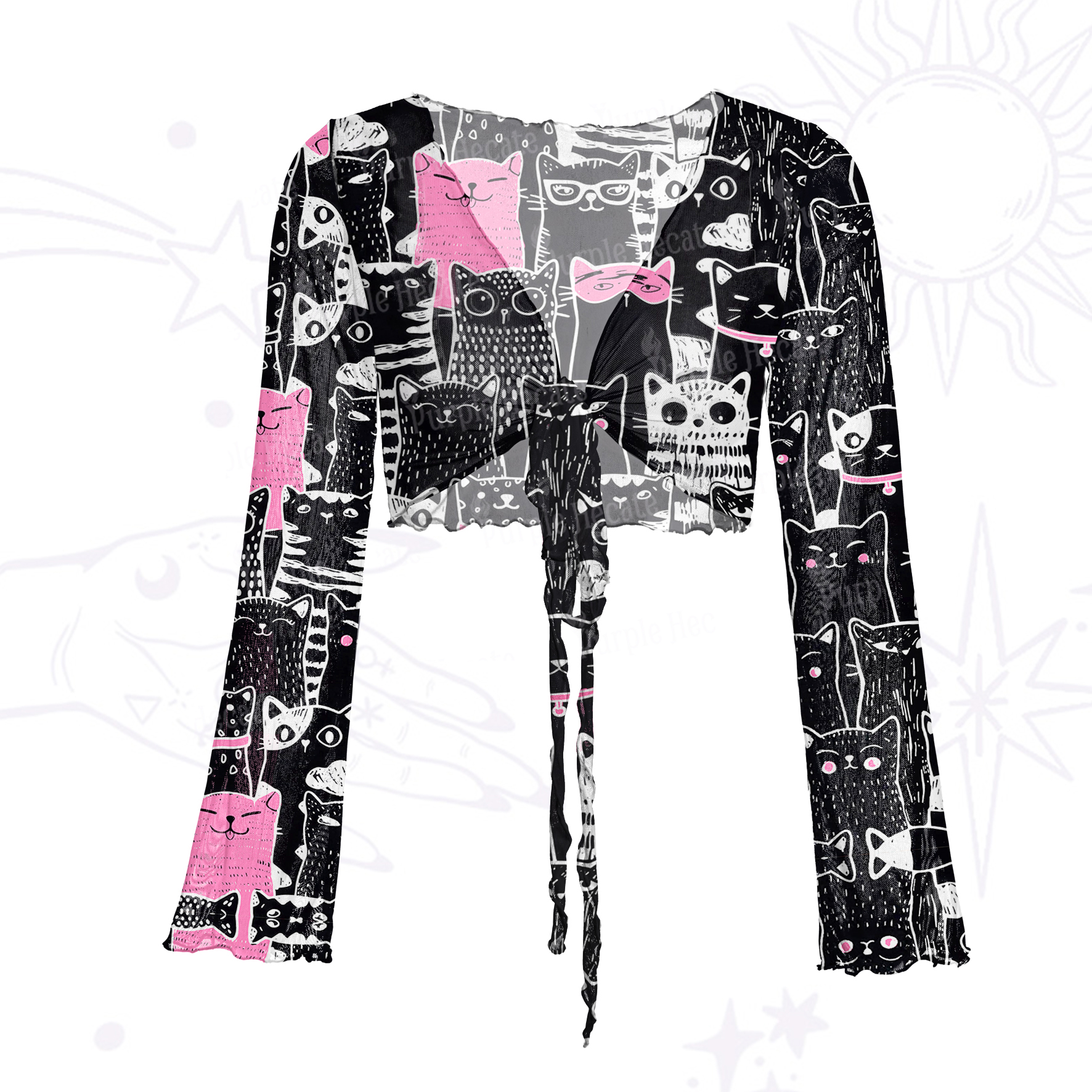 Purplehecate Cute Cat All Over Print Mesh Tie Front Top