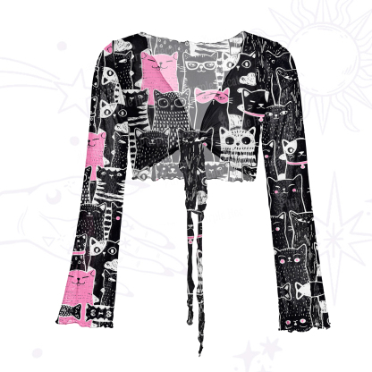 Purplehecate Cute Cat All Over Print Mesh Tie Front Top