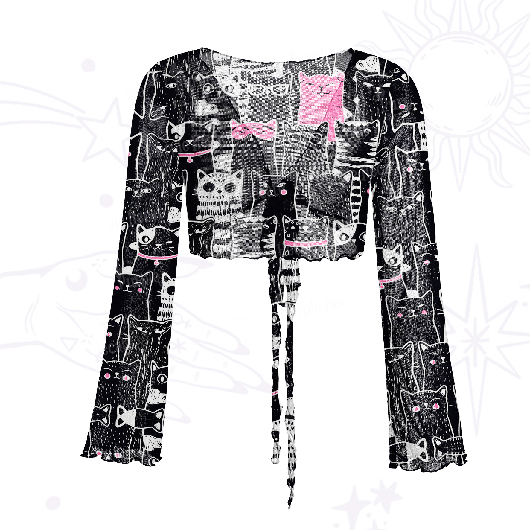 Purplehecate Cute Cat All Over Print Mesh Tie Front Top
