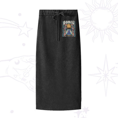 Purplehecate Gemini Spirit Zodiac Washed Drawstring Long Skirt