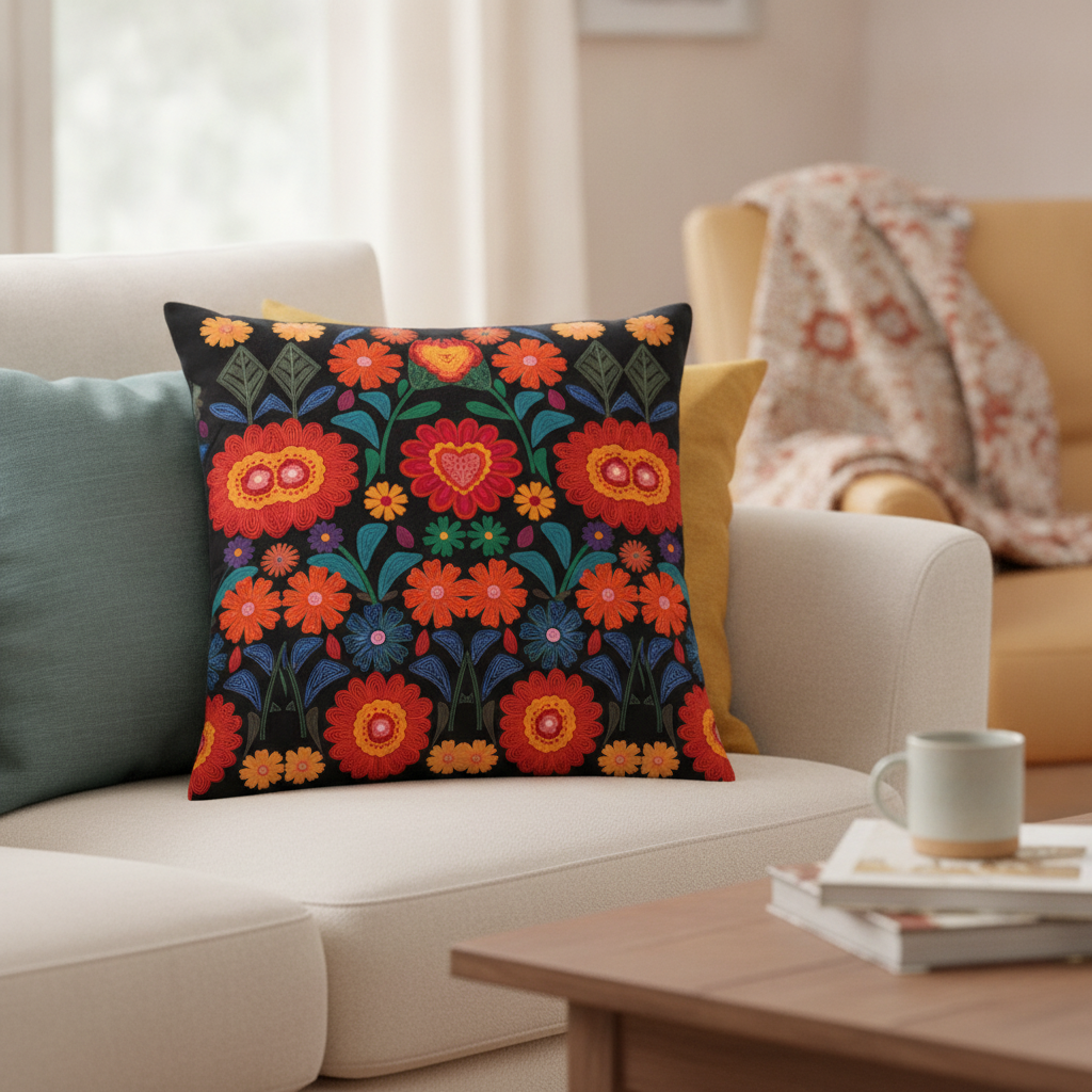 Purplehecate Retro Bloom Folk Floral Pillow