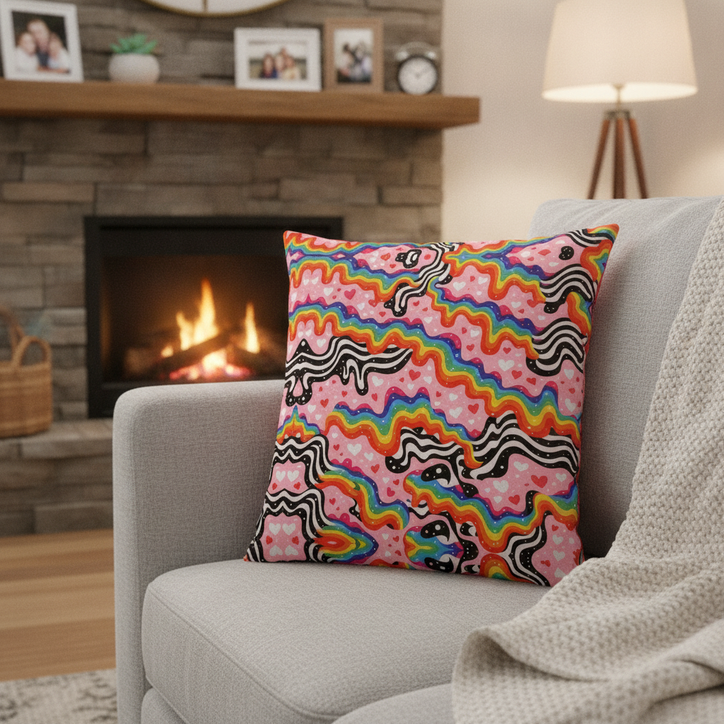 Purplehecate Groovy Melty Rainbow Hearts Wavy Pillow