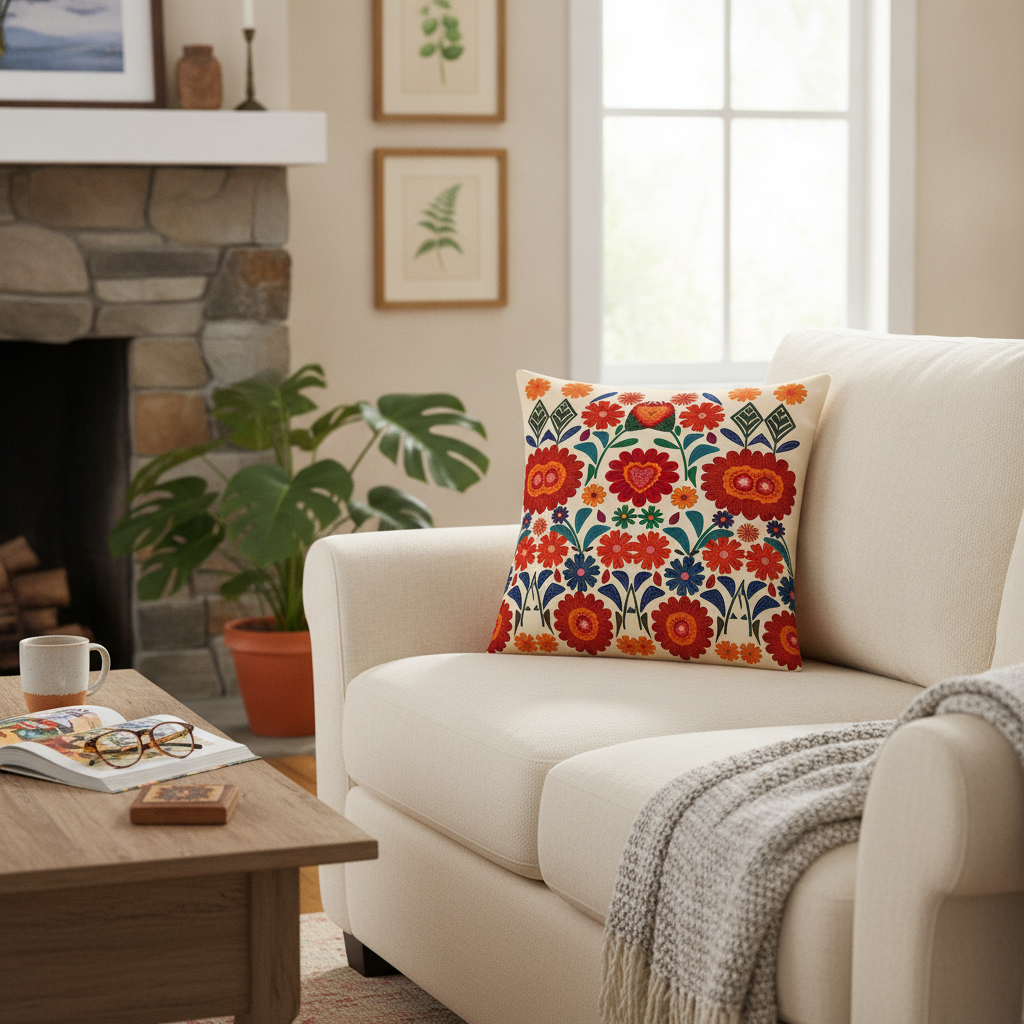 Purplehecate Retro Bloom Folk Floral Pillow