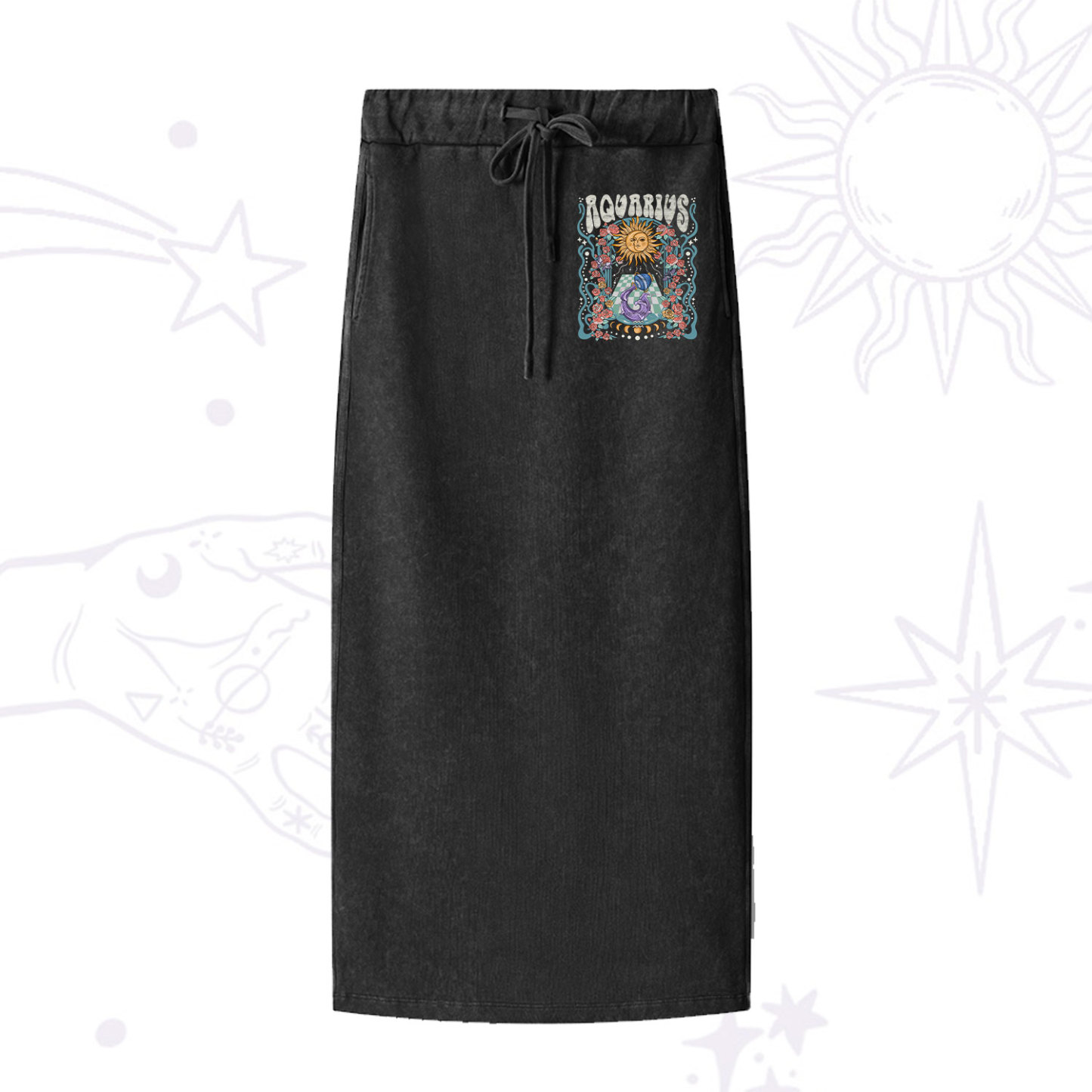 Purplehecate Aquarius Spirit Zodiac Washed Drawstring Long Skirt