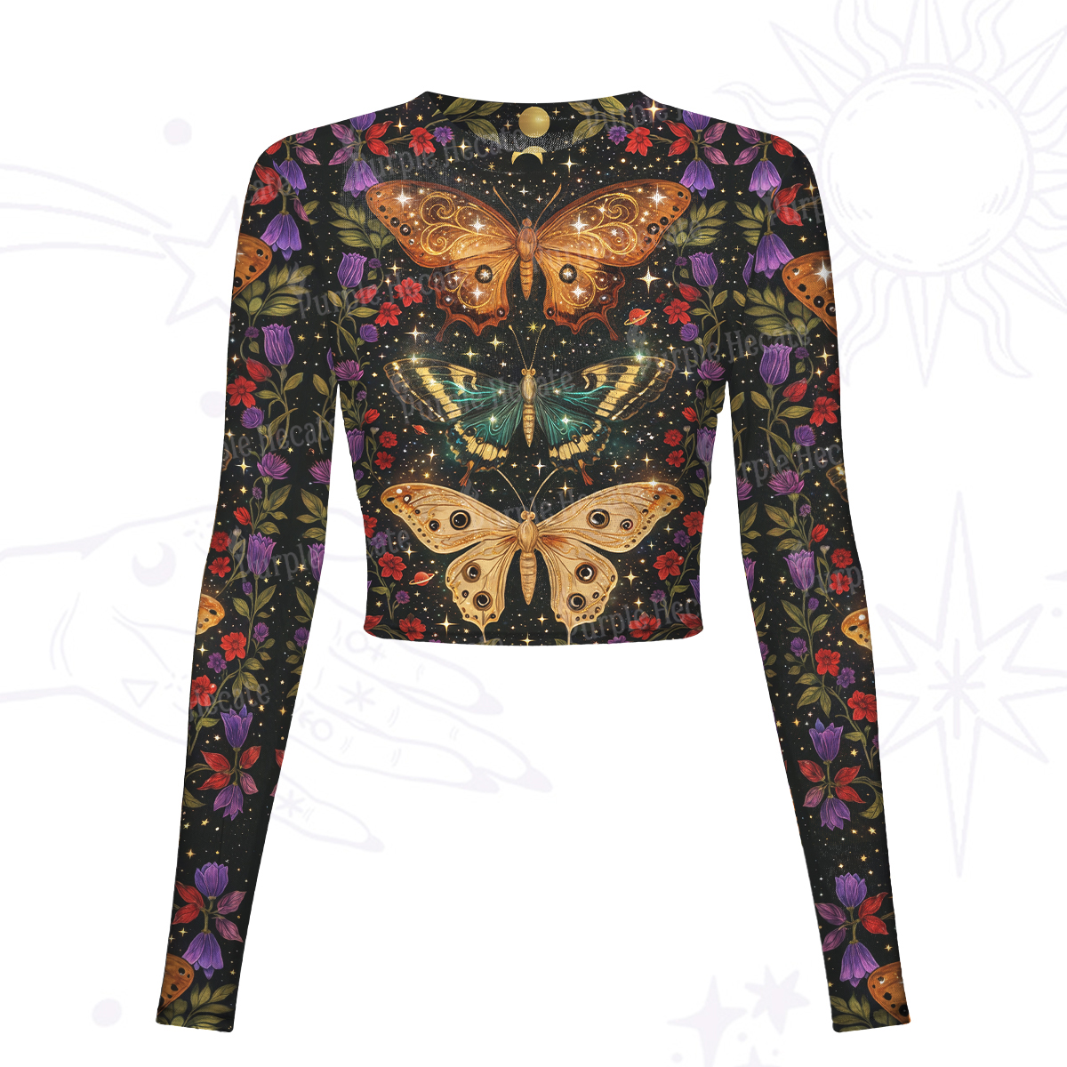Purplehecate Mystic Butterfly Whisper Mesh Long Sleeve Crop Top