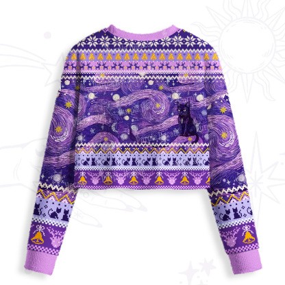 Purplehecate Mystic Cat Beneath the Cosmic Veil Cropped Fuzzy Ugly Sweatshirt