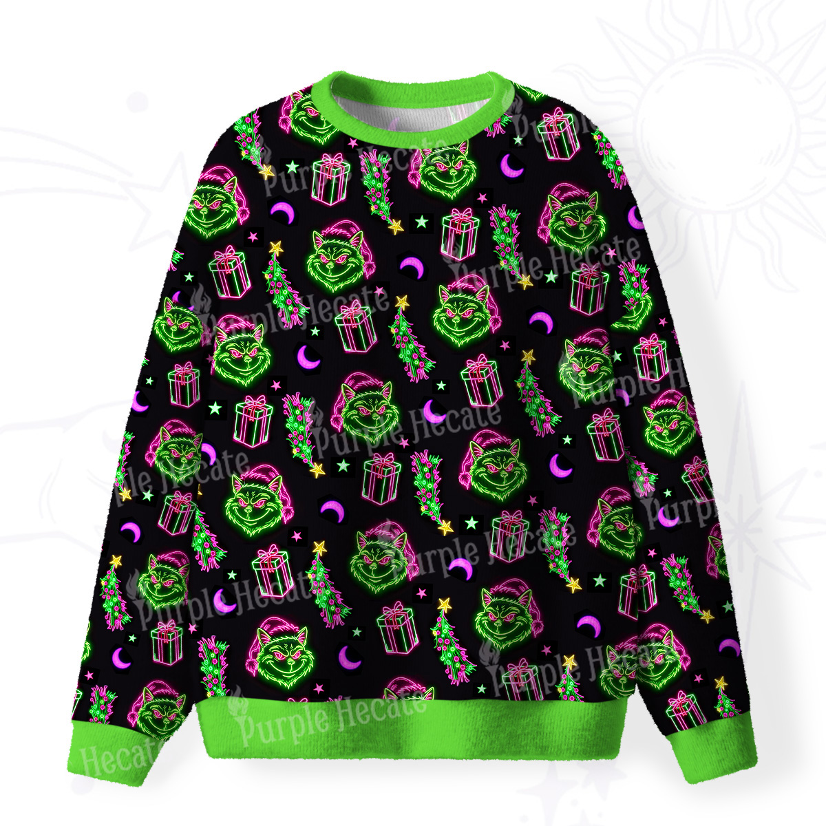 Purplehecate Witchy Neon Naughty Cat Fuzzy Ugly Christmas Sweatshirt