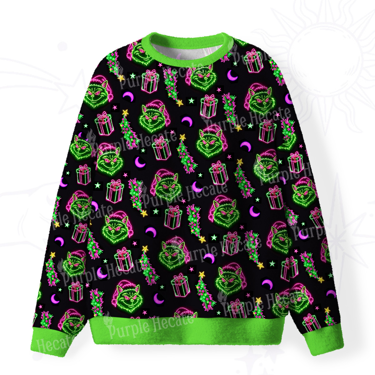 Purplehecate Witchy Neon Naughty Cat Fuzzy Ugly Christmas Sweatshirt