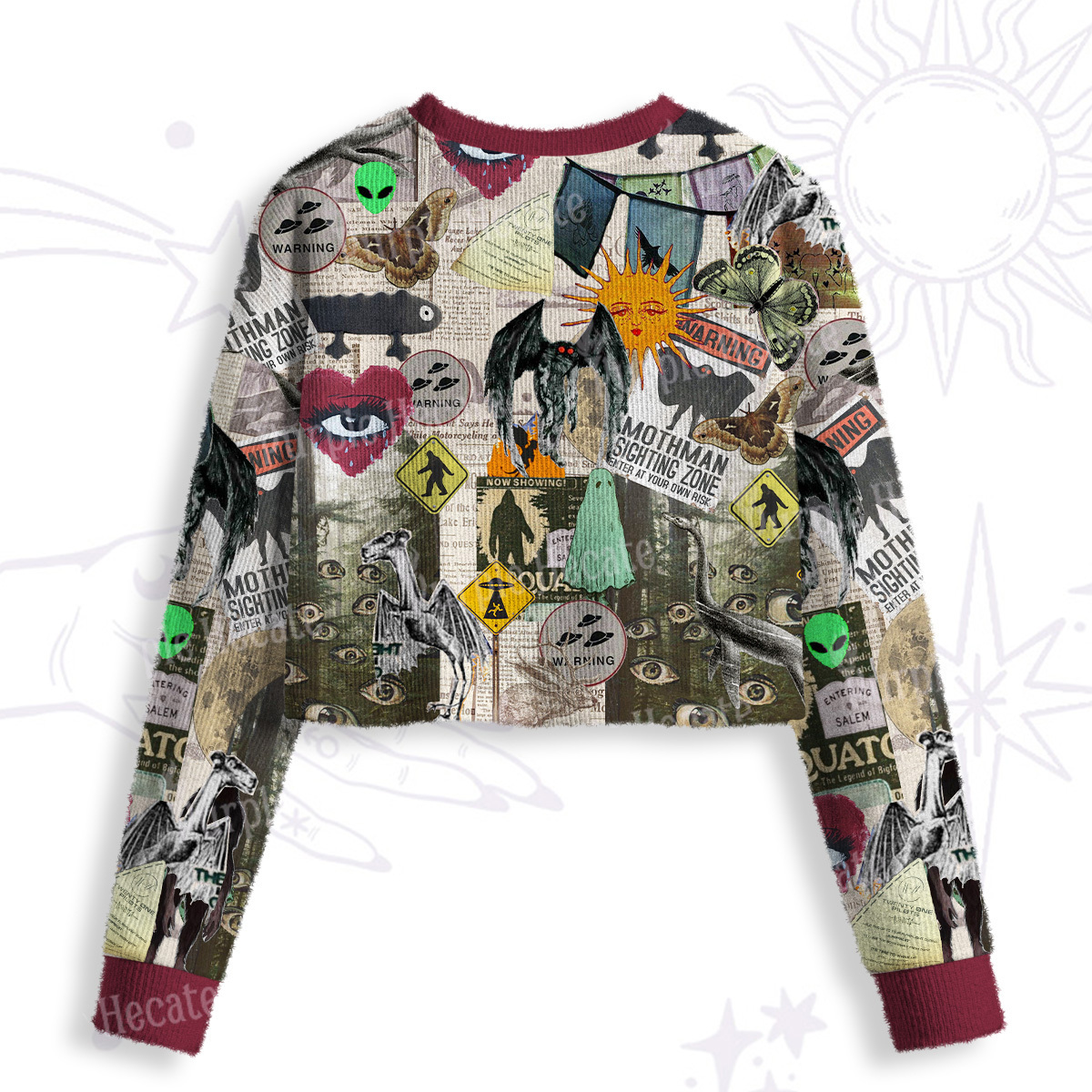 Purplehecate Cryptid Warning Collage Crop Fuzzy Ugly Sweatshirt
