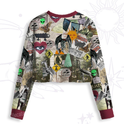 Purplehecate Cryptid Warning Collage Crop Fuzzy Ugly Sweatshirt