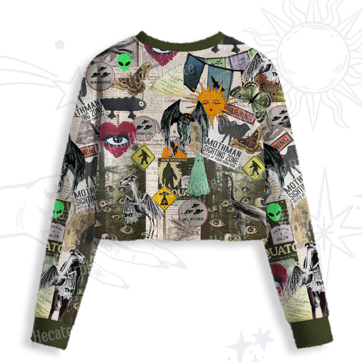 Purplehecate Cryptid Warning Collage Crop Fuzzy Ugly Sweatshirt