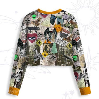 Purplehecate Cryptid Warning Collage Crop Fuzzy Ugly Sweatshirt