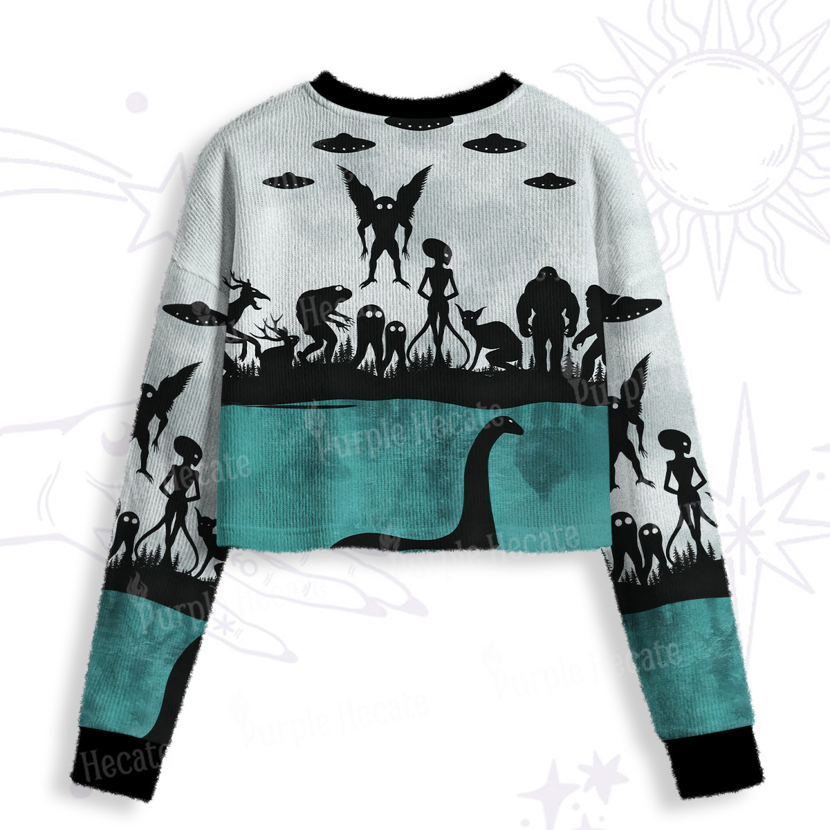 Purplehecate Alien Lake Monster Encounter Crop Fuzzy Ugly Sweatshirt
