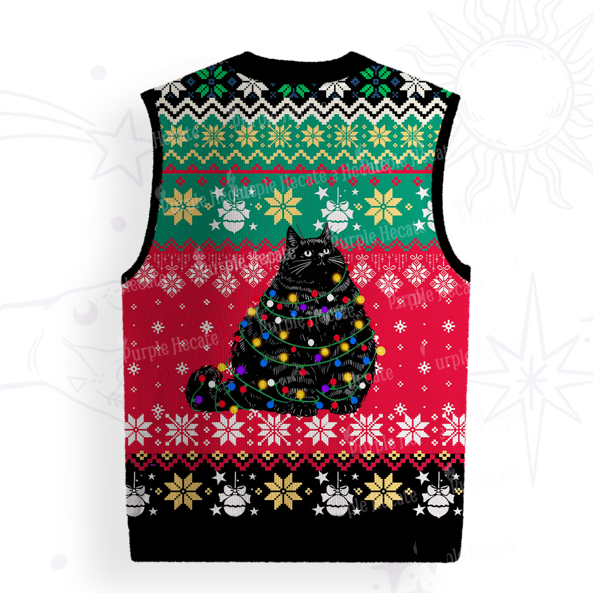 Purplehecate Black Cat in Christmas Lights Ugly Sweater Vest