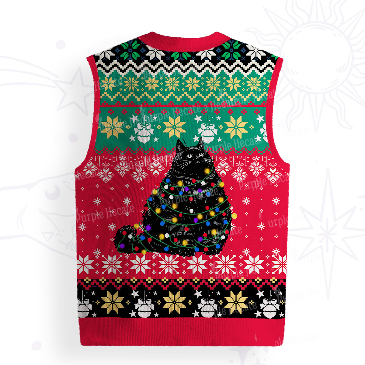 Purplehecate Black Cat in Christmas Lights Ugly Sweater Vest