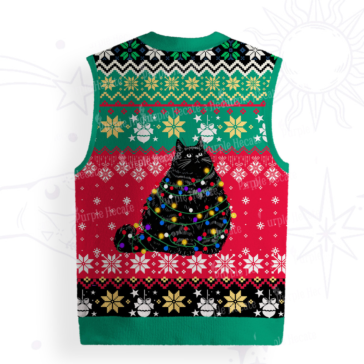 Purplehecate Black Cat in Christmas Lights Ugly Sweater Vest