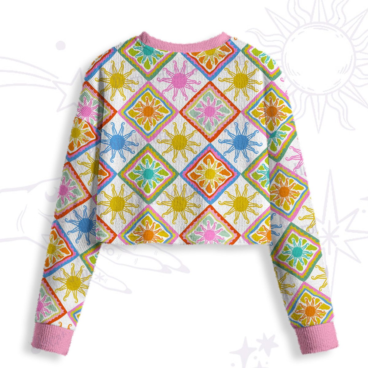 Purplehecate Colorful Sunshine Patchwork Crop Fuzzy Ugly Sweatshirt