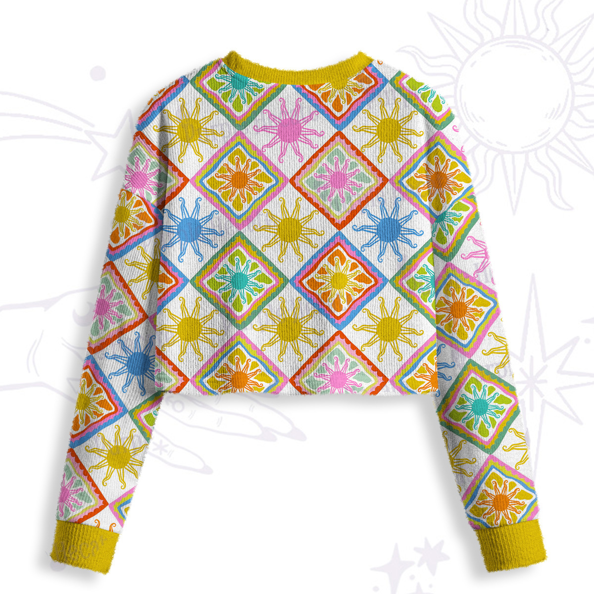 Purplehecate Colorful Sunshine Patchwork Crop Fuzzy Ugly Sweatshirt