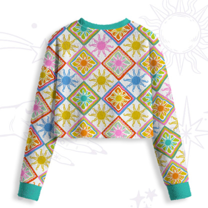 Purplehecate Colorful Sunshine Patchwork Crop Fuzzy Ugly Sweatshirt