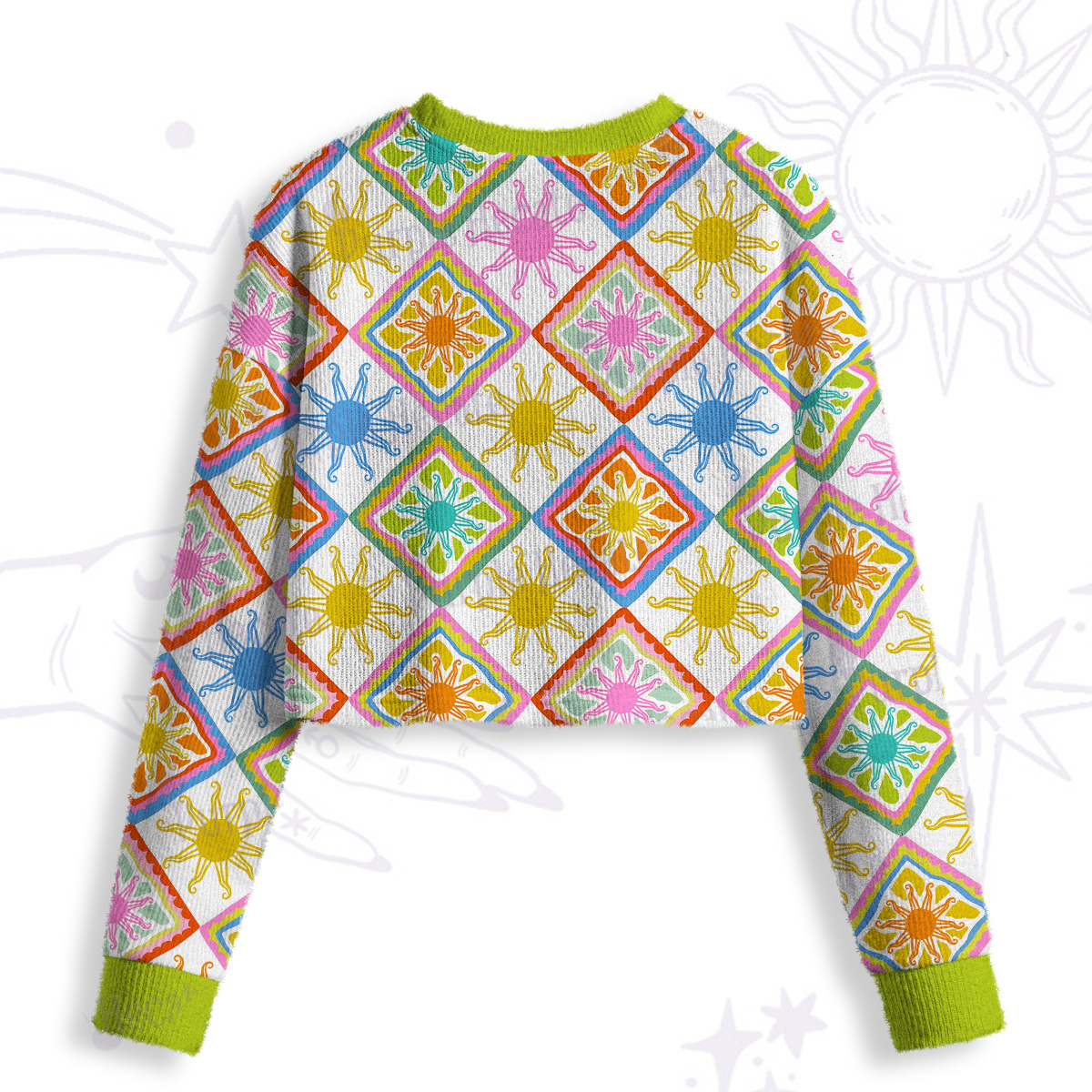Purplehecate Colorful Sunshine Patchwork Crop Fuzzy Ugly Sweatshirt