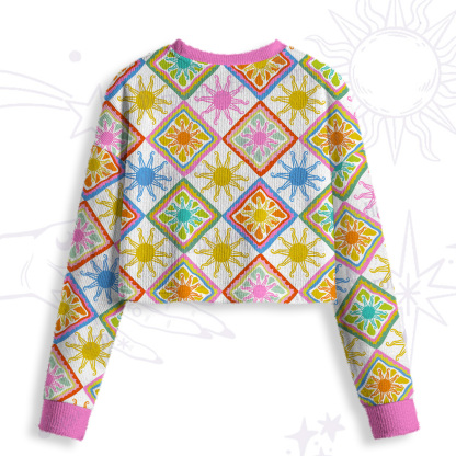 Purplehecate Colorful Sunshine Patchwork Crop Fuzzy Ugly Sweatshirt