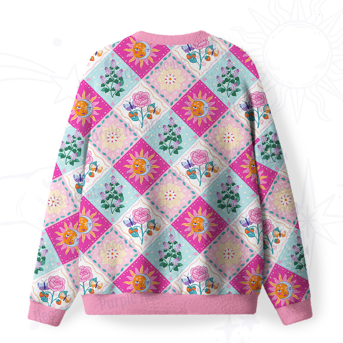 Purplehecate Celestial Sun & Moon Patchwork Fuzzy Ugly Sweatshirt