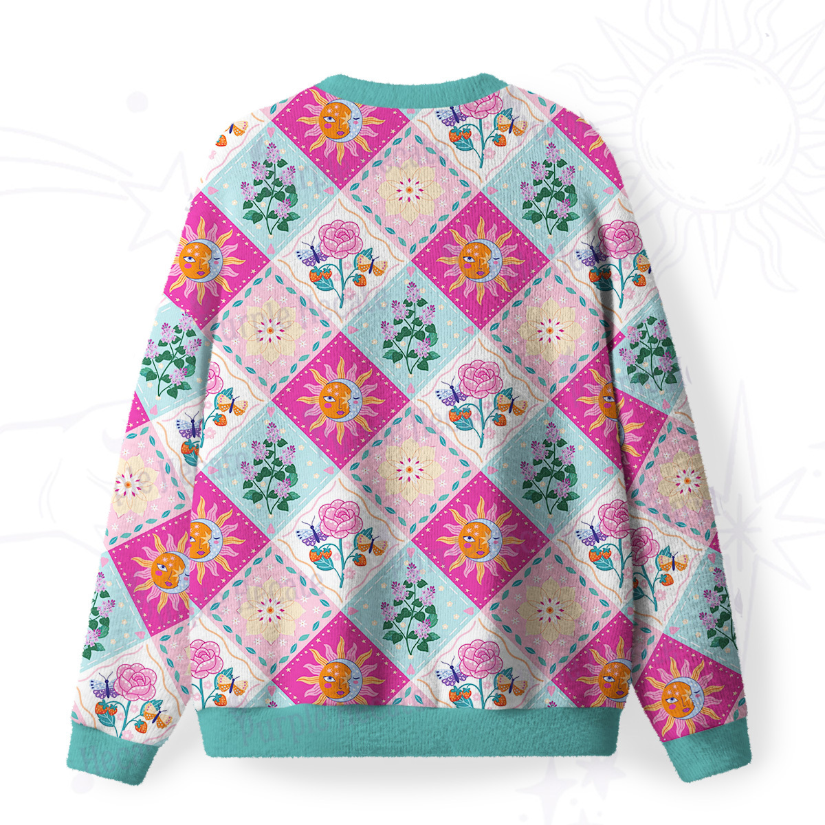 Purplehecate Celestial Sun & Moon Patchwork Fuzzy Ugly Sweatshirt